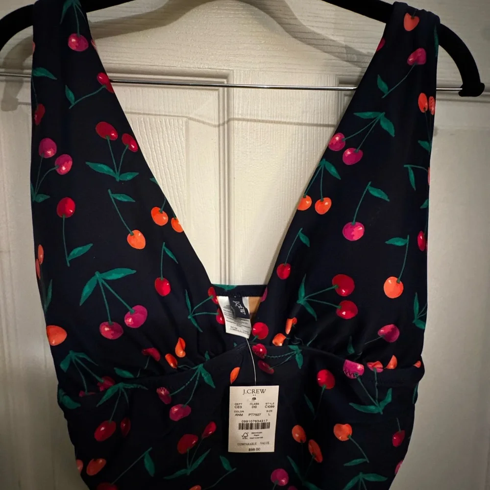NWT J. Crew Navy Swimsuit with Cherry Print, Lg - Picture 2 of 11
